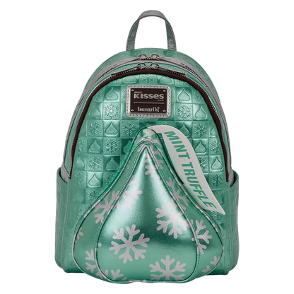Green textured backpack with snowflake design and 'Kisses' branding on a white background