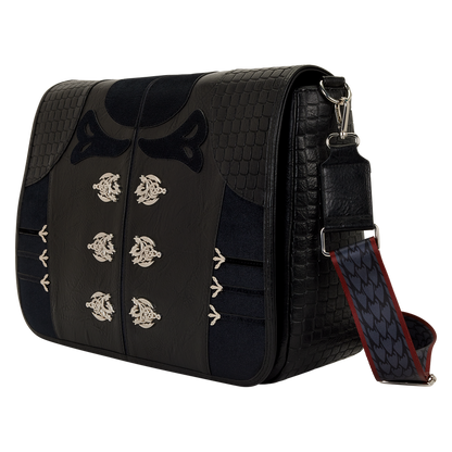 Black leather bag with embroidered designs on a white background