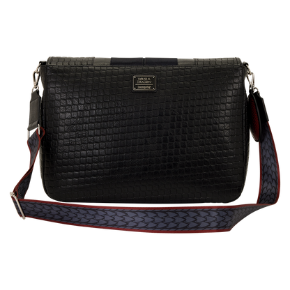 Black textured handbag with a patterned strap on a white background