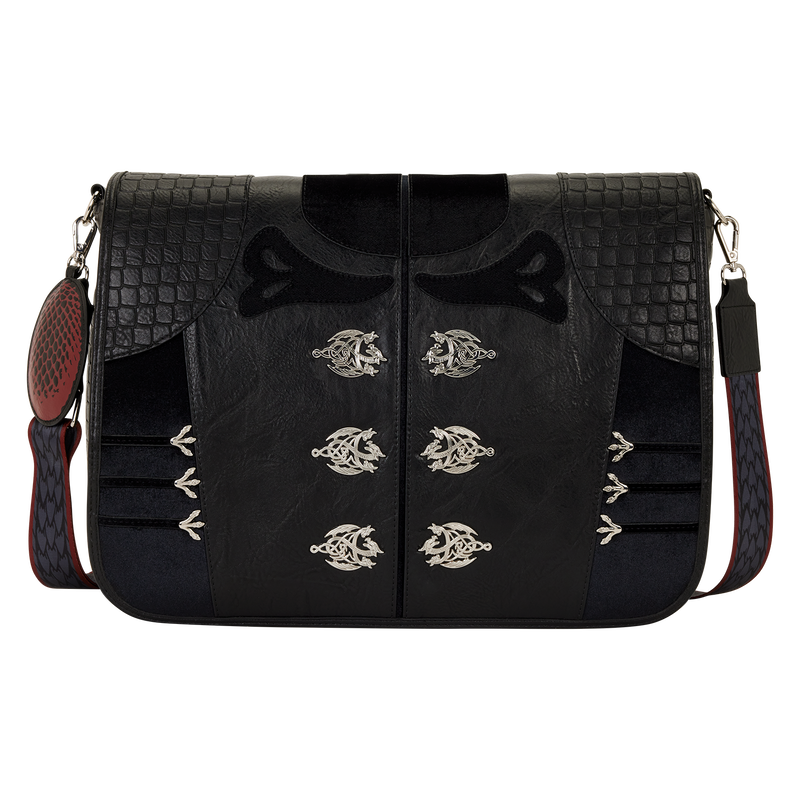 Black handbag with decorative elements on a white background