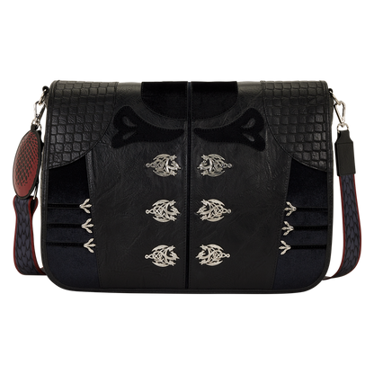 Black handbag with decorative elements on a white background