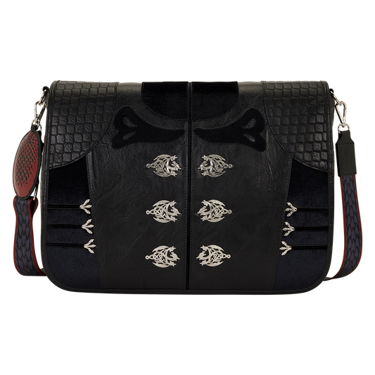 Black handbag with decorative elements on a white background