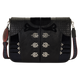 Black handbag with decorative elements on a white background