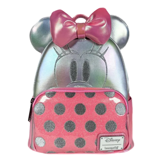 Backpack with Minnie Mouse design featuring silver ears, pink bow, and polka dot pattern on a white background.