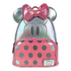 Backpack with Minnie Mouse design featuring silver ears, pink bow, and polka dot pattern on a white background.