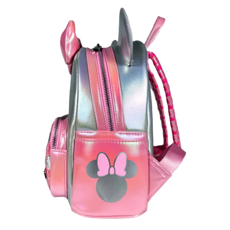 Pink and silver backpack with Minnie Mouse ears on a white background