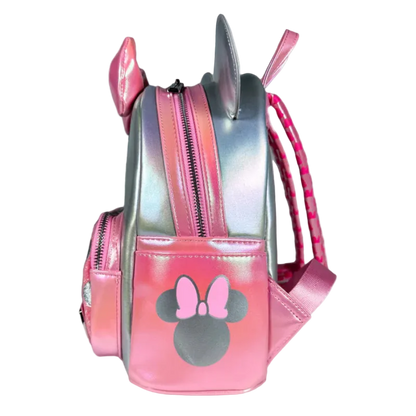 Pink and silver backpack with Minnie Mouse ears on a white background