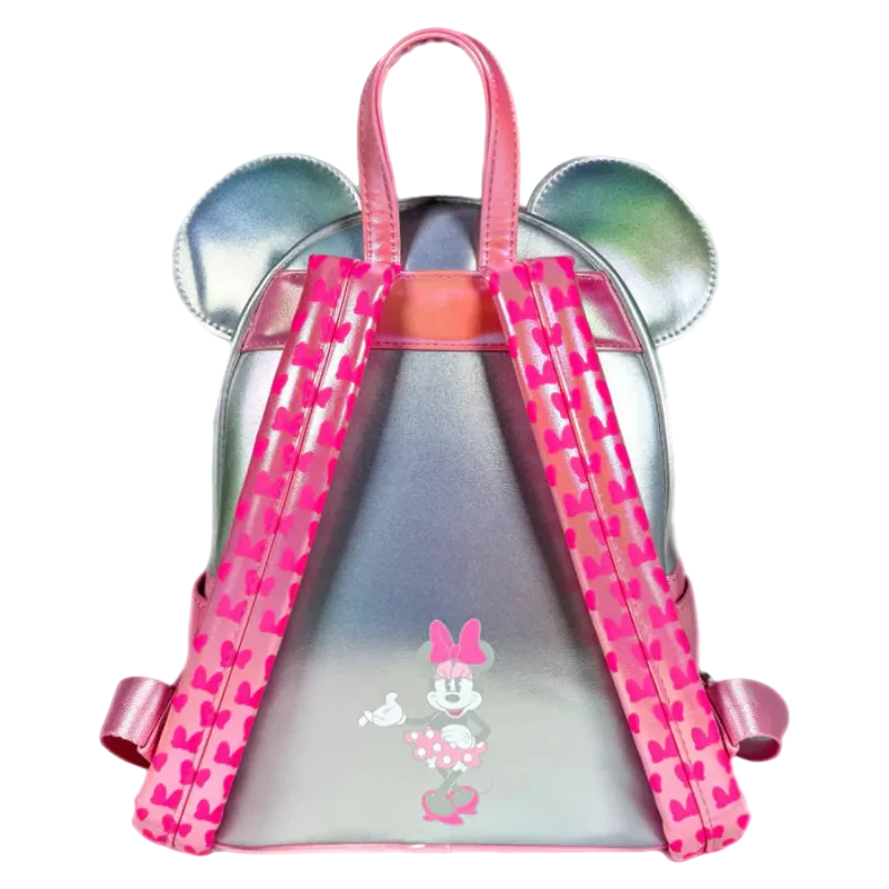 Silver backpack with pink heart patterns and Minnie Mouse design on a white background