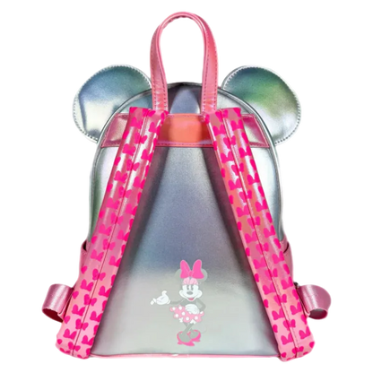 Silver backpack with pink heart patterns and Minnie Mouse design on a white background