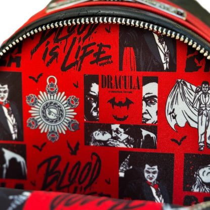 Backpack with Dracula-themed design on a red background