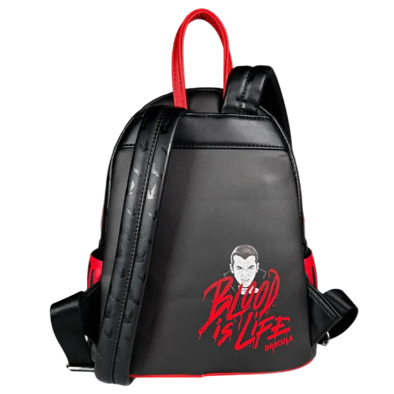 Black backpack with red accents and 'Blood is Life' design on a white background