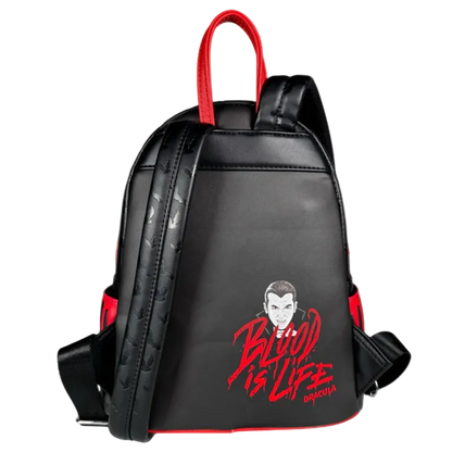 Black backpack with red accents and 'Blood is Life' design on a white background