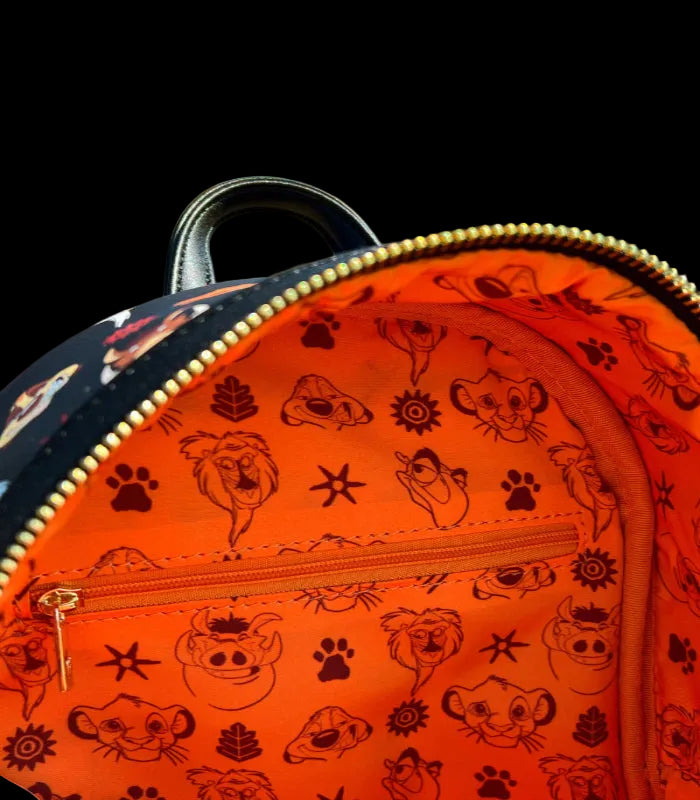 Backpack with character patterns on a scenic outdoor background