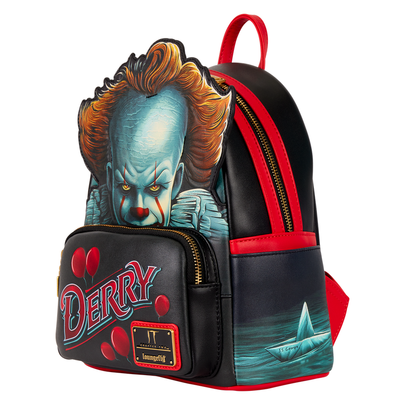 Backpack with Pennywise the Clown design and 'Derry' text on a white background