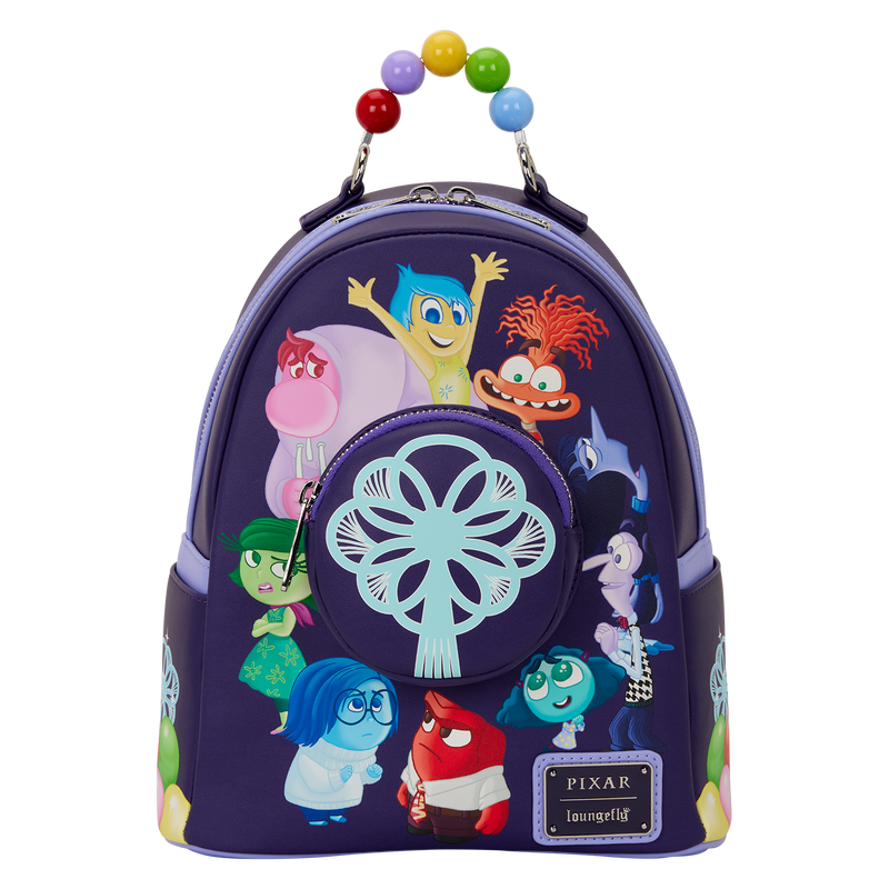 Backpack with colorful character design on a white background