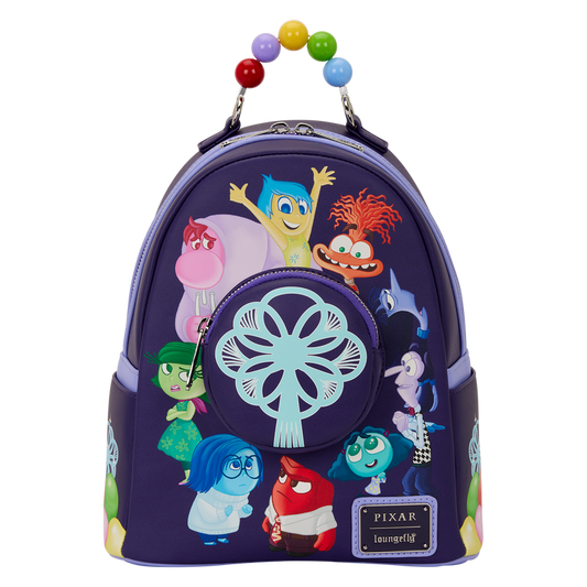 Backpack with colorful character design on a white background
