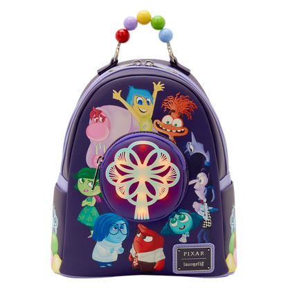 Backpack with colorful character design on a white background