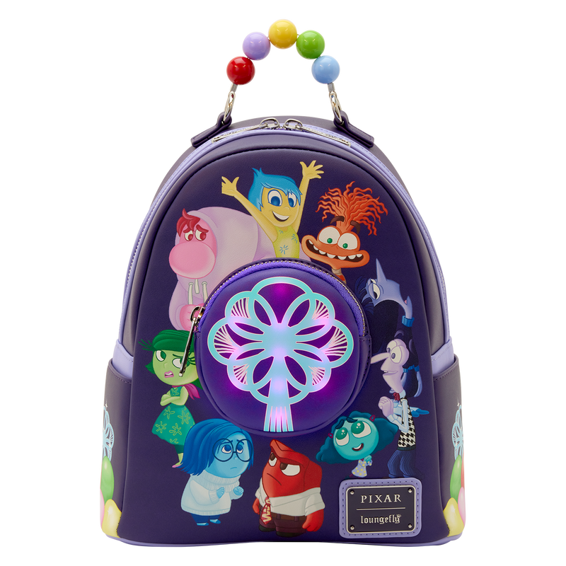 Backpack with colorful character design on a white background