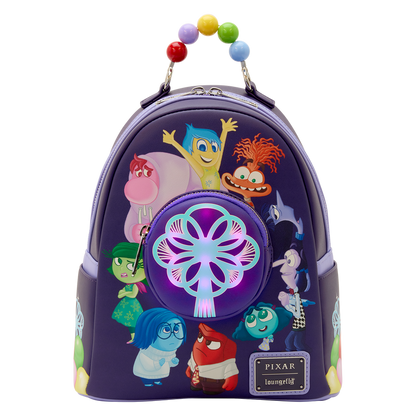 Backpack with colorful character design on a white background