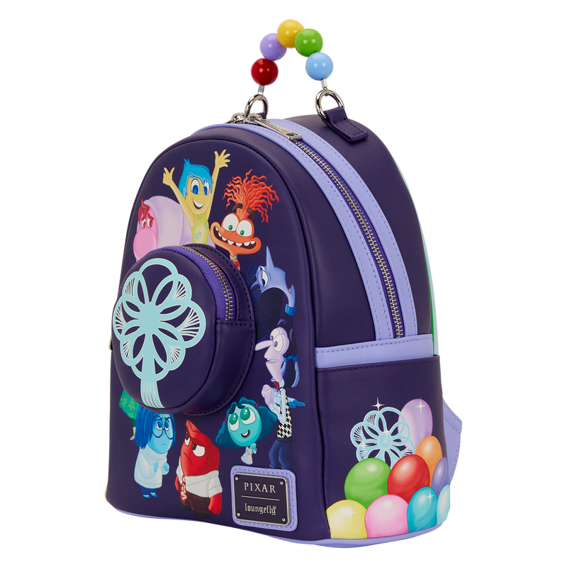 Colorful backpack with cartoon character design on a white background