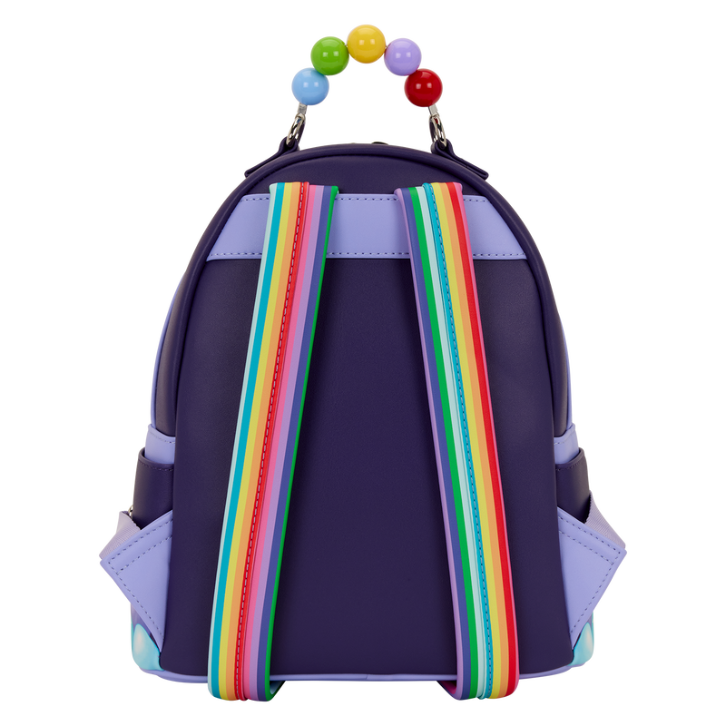 Navy blue backpack with colorful straps and beads on a white background