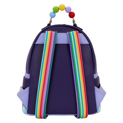 Navy blue backpack with colorful straps and beads on a white background