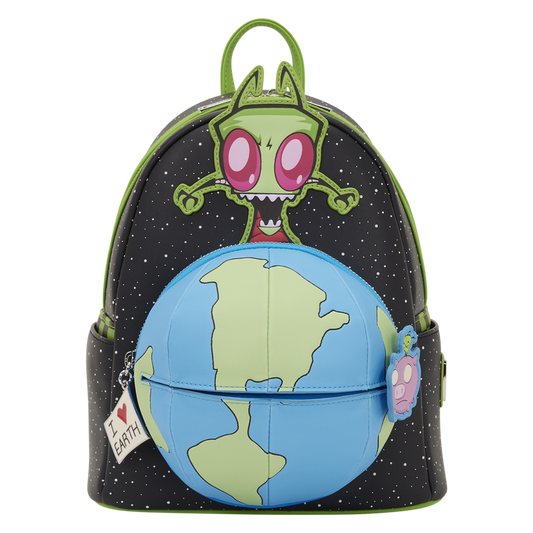 Backpack with cartoon alien design and Earth illustration on a white background