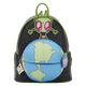 Backpack with cartoon alien design and Earth illustration on a white background