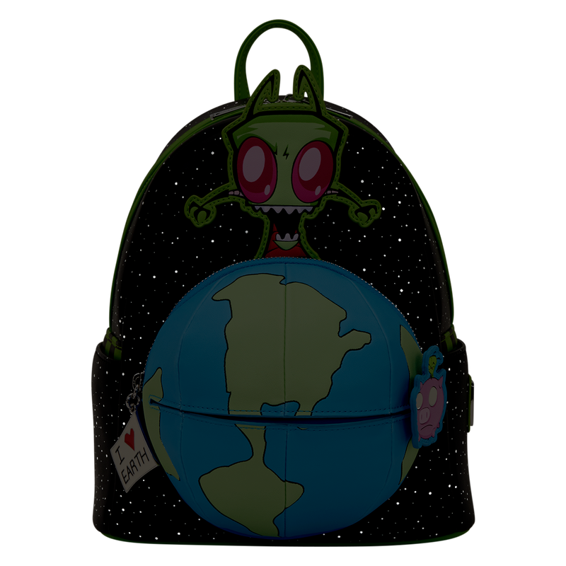 Backpack with alien design and Earth illustration on a black background