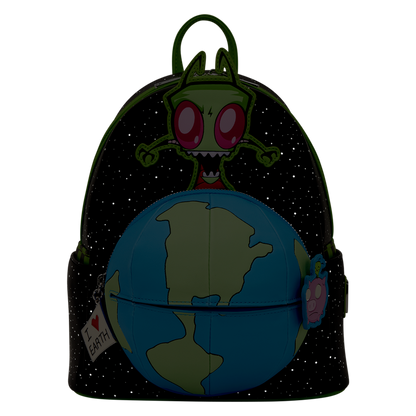 Backpack with alien design and Earth illustration on a black background