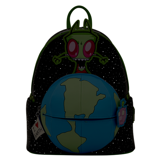 Backpack with alien design and Earth illustration on a black background