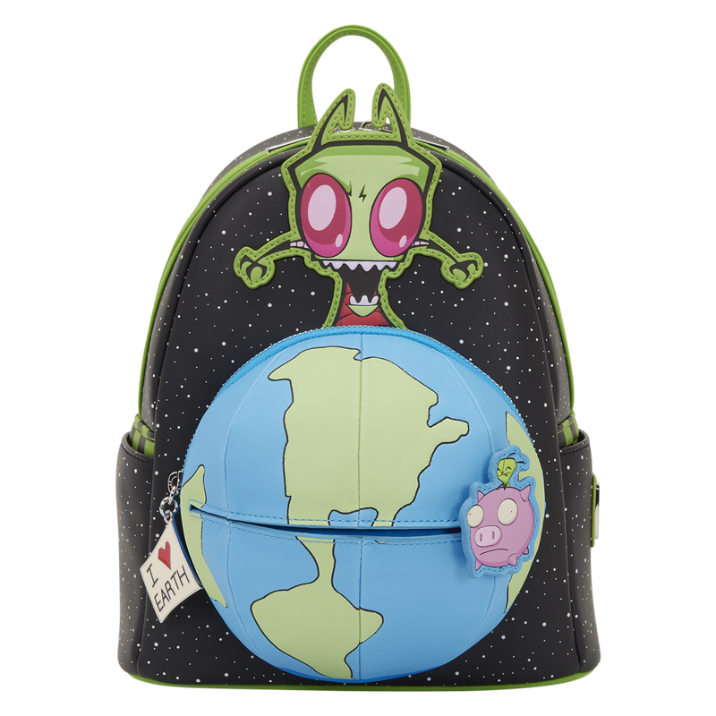 Backpack with cartoon character and globe design on a white background