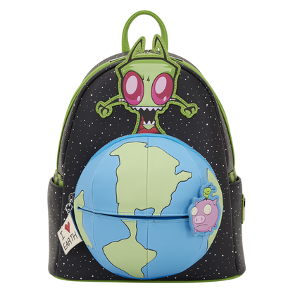 Backpack with cartoon character and globe design on a white background