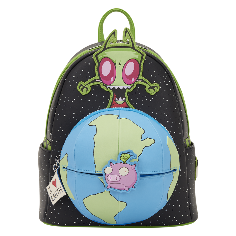 Backpack with cartoon character and Earth design on a white background