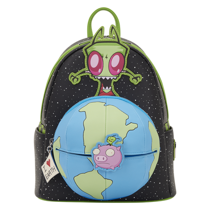 Backpack with cartoon character and Earth design on a white background