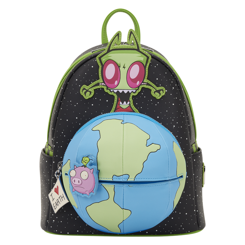 Backpack with cartoon character and Earth design on a white background