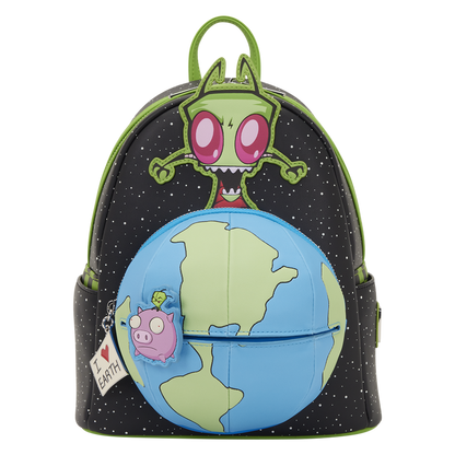 Backpack with cartoon character and Earth design on a white background