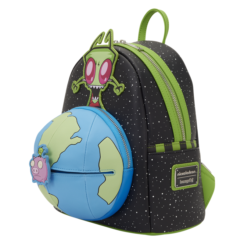 Backpack with cartoon character and Earth design on a white background