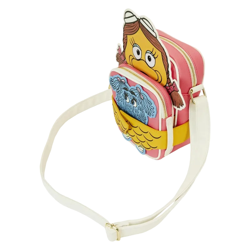 Colorful bag with cartoon character design on a white background