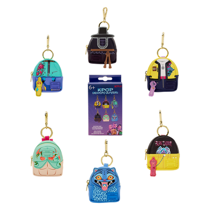 Collection of colorful backpack-shaped keychains on a white background