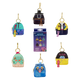 Collection of colorful backpack-shaped keychains on a white background