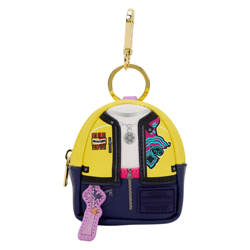 Colorful keychain shaped like a jacket with a key attached on a white background