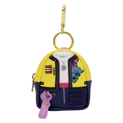 Colorful keychain shaped like a jacket with a key attached on a white background