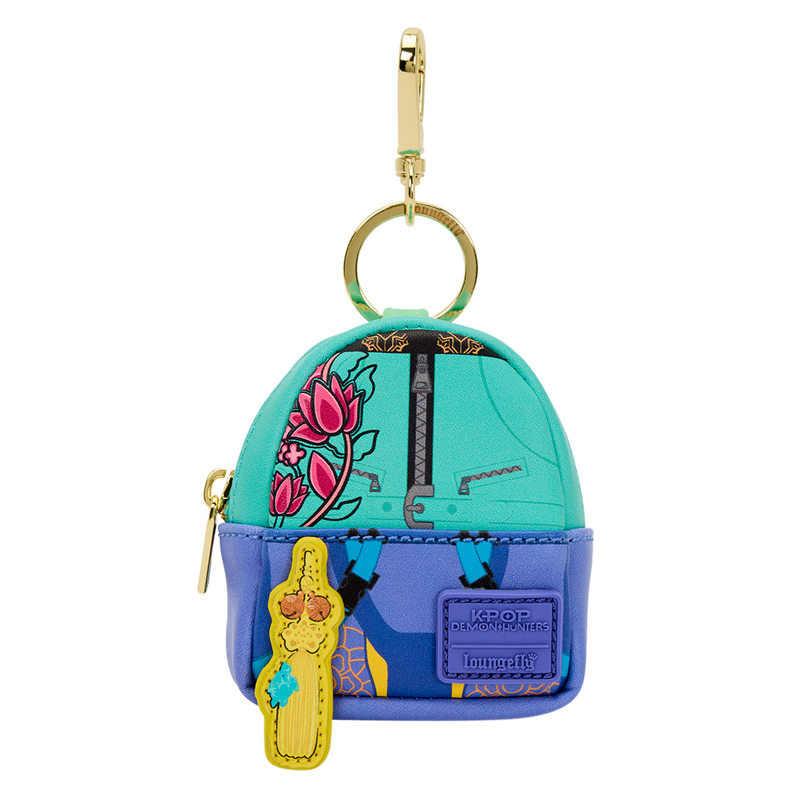 Colorful keychain with floral design and character elements on a white background