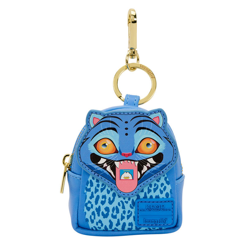 Blue cat-shaped keychain with leopard print details on a white background