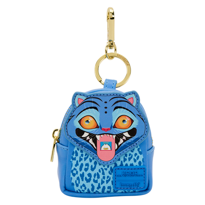 Blue cat-shaped keychain with leopard print details on a white background