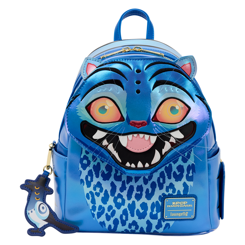 Blue cat-themed backpack with a smiling face design on a white background