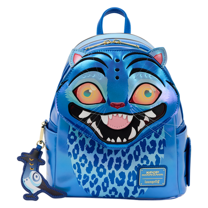 Blue cat-themed backpack with a smiling face design on a white background