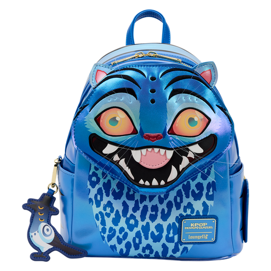 Blue cat-themed backpack with a smiling face design on a white background