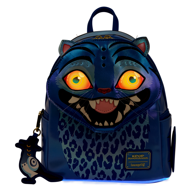 Backpack with a cartoonish cat design featuring glowing eyes on a white background